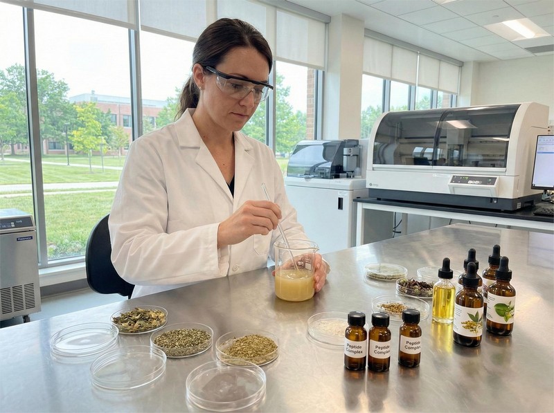 Lab technician developing a custom skincare formula in a laboratory