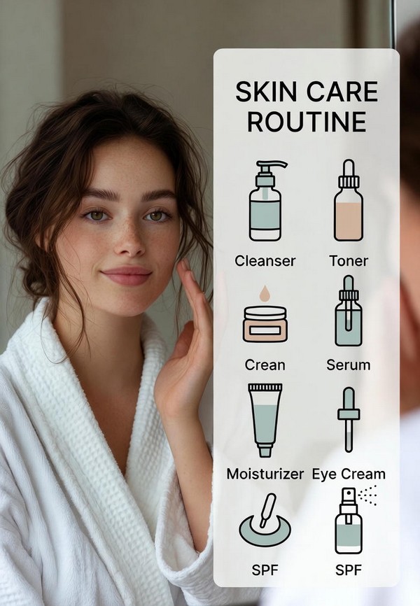 A complete daily skincare routine guide featuring cleanser, toner, serum, and SPF.