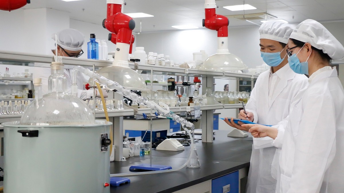 DEVA research personnel discussing cosmetic formulations and production processes