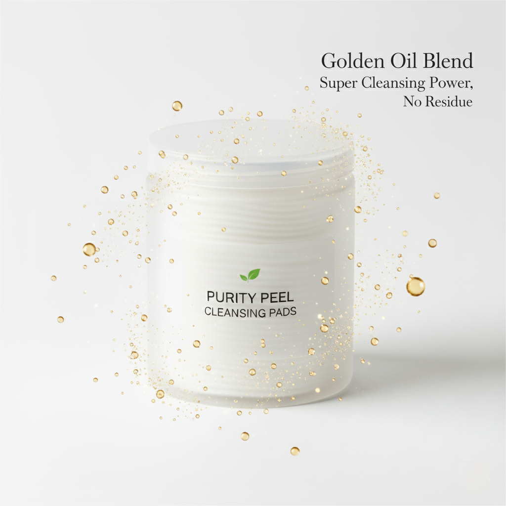 Golden oil blend ingredients including camellia and sea buckthorn for nourishing cleansing pad.