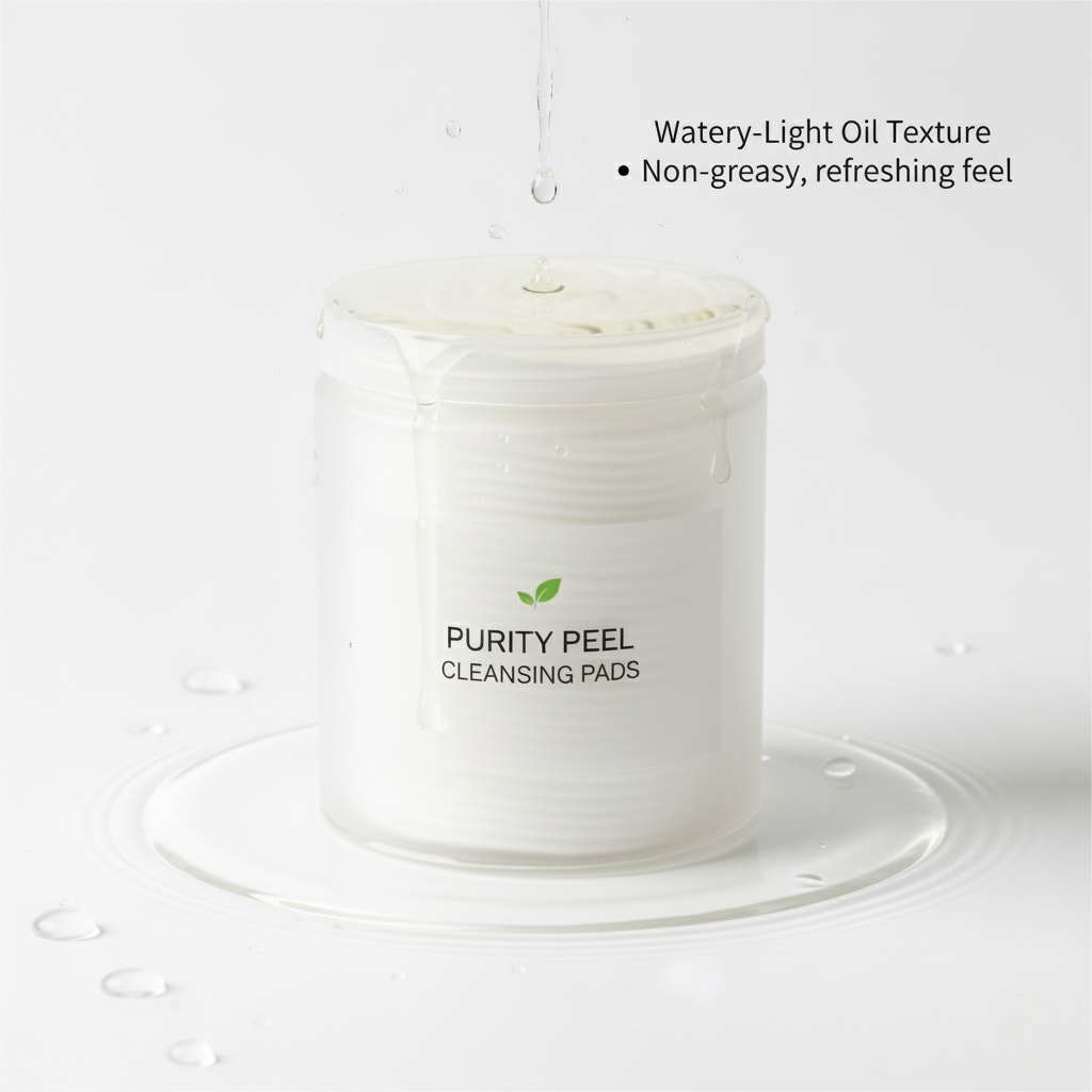 Non-greasy watery oil texture of cleansing pad for sensitive skin manufacturing.