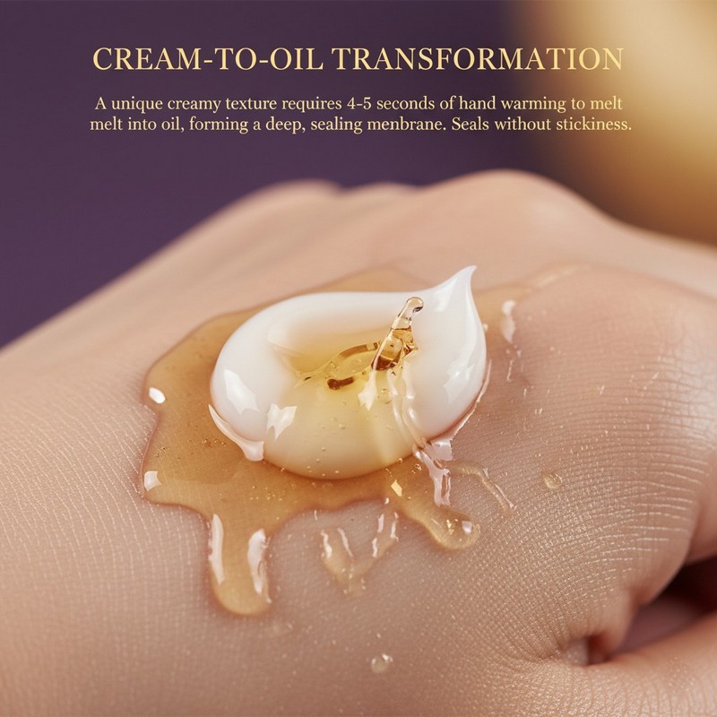 Close-up of the rich cream texture of the Age-Defying Oil Membrane Night Cream.