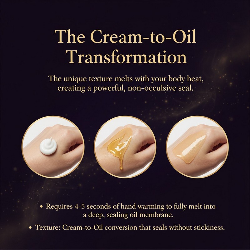 Cream-to-Oil texture transformation upon application, forming a protective oil membrane.