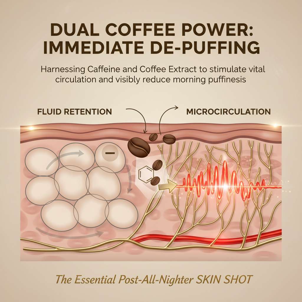 Dual coffee power mechanism with caffeine and coffee extract for immediate face de-puffing.