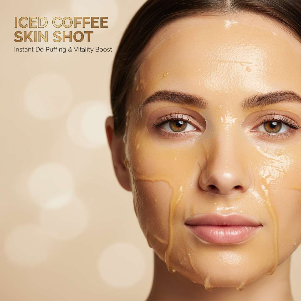 Iced coffee skin shot concept mask for instant de-puffing and vitality boost.