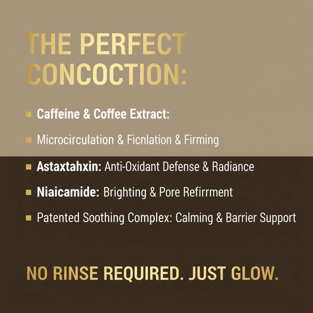 Key ingredients list including caffeine astaxanthin niacinamide and soothing complex.
