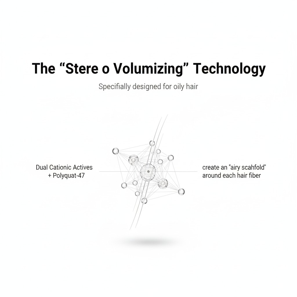 Stereo volumizing technology mechanism with Dual Cationic Actives and Polyquat-47 for hair volume formulation.