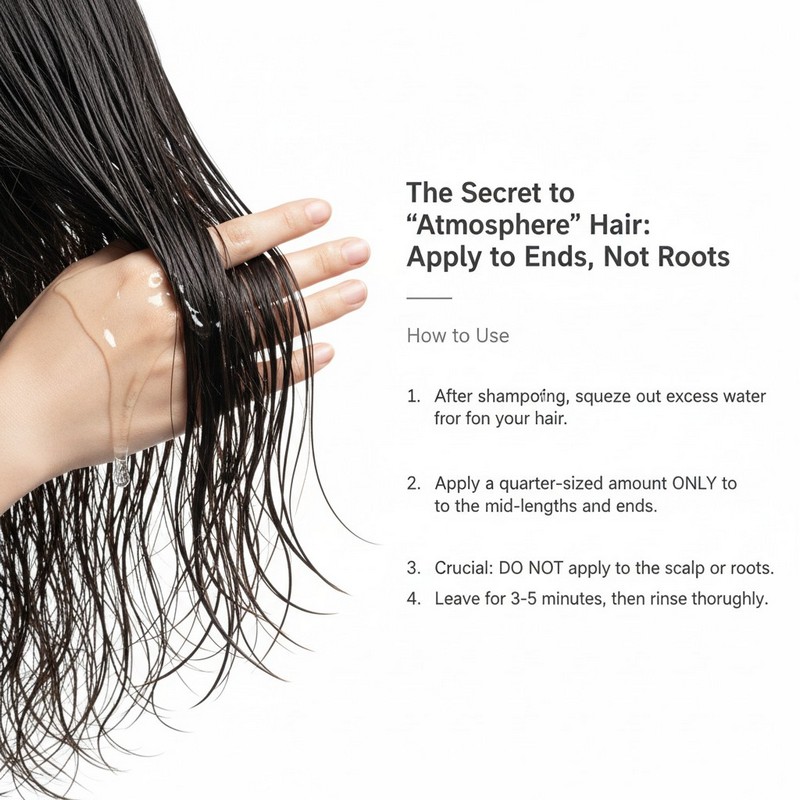 Usage guide for volumizing conditioner: Apply to ends not roots to maintain volume and avoid greasiness.