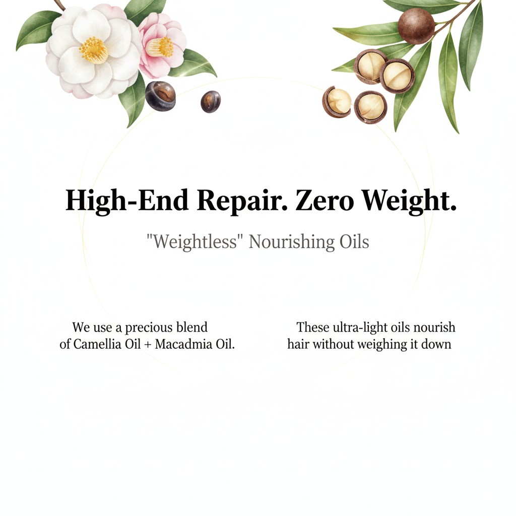 Weightless nourishing ingredients Camellia and Macadamia Seed Oil for lightweight conditioner repair manufacturing.