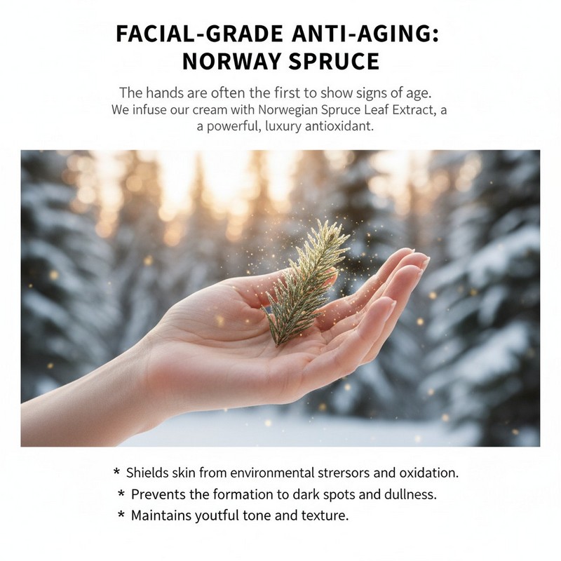 Norway Spruce benefits for hand anti-aging preventing dark spots and dullness.