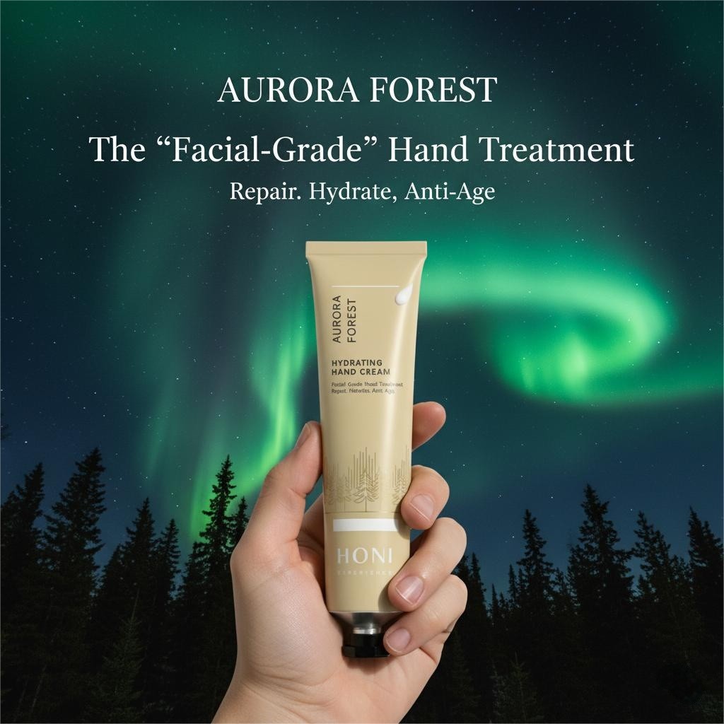 Facial-grade hand treatment concept image showing repair hydrate and anti-age benefits.