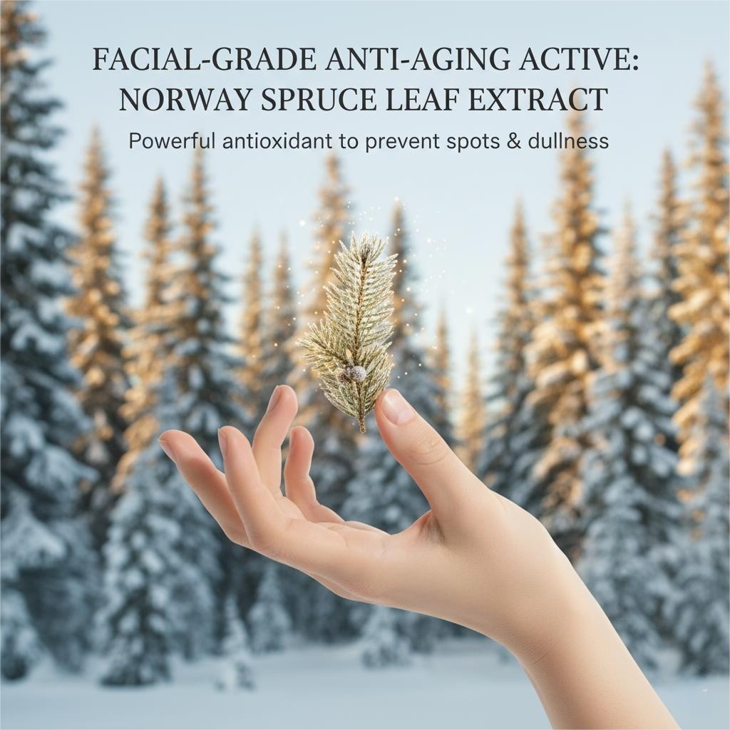 Facial-grade anti-aging active Norwegian Spruce Leaf Extract for hand rejuvenation.
