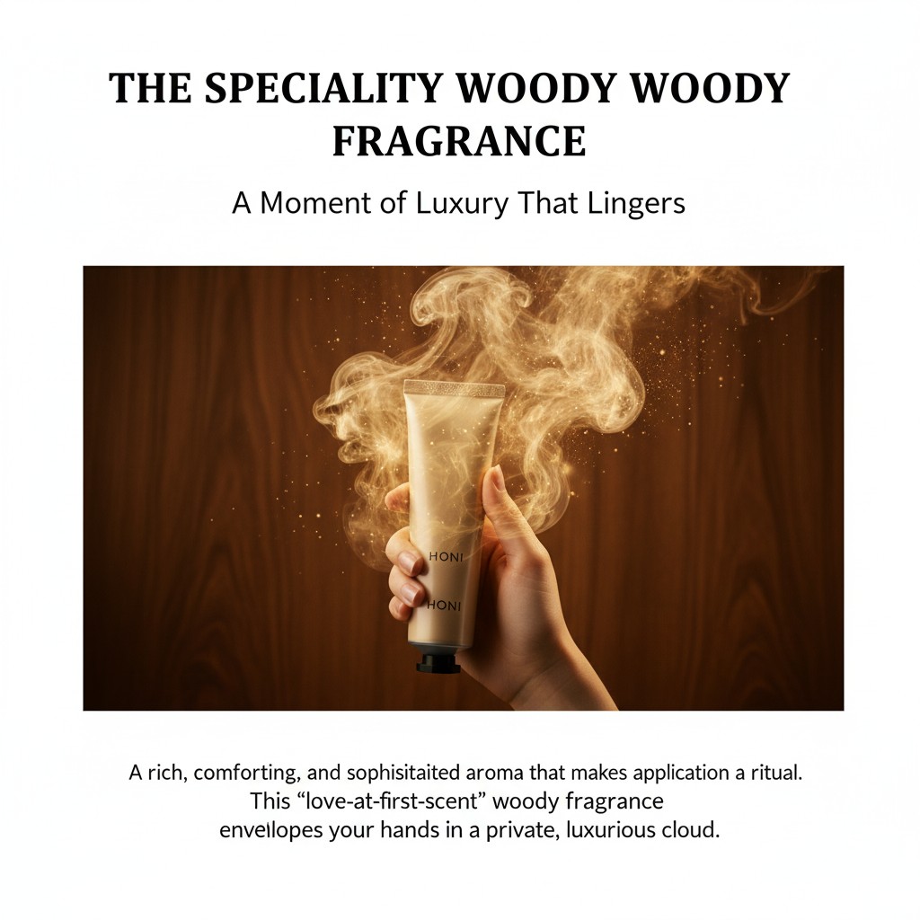 A moment of luxury that lingers with specialty woody fragrance hand cream.