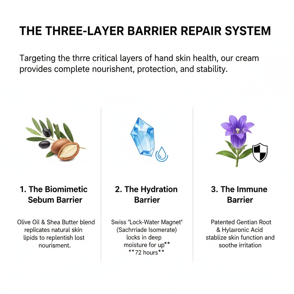 Three-layer barrier repair system diagram for complete hand skin health.