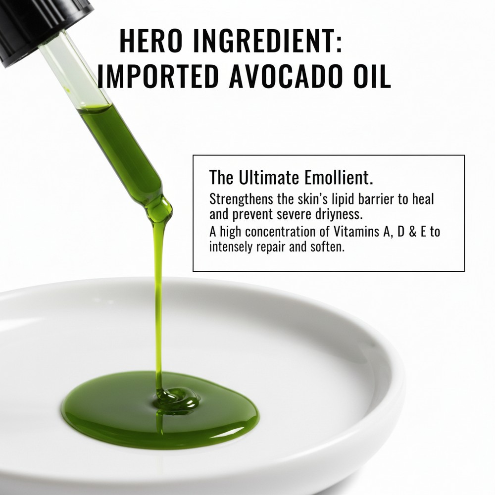 Imported avocado oil ingredient benefits for lipid barrier repair and softening.