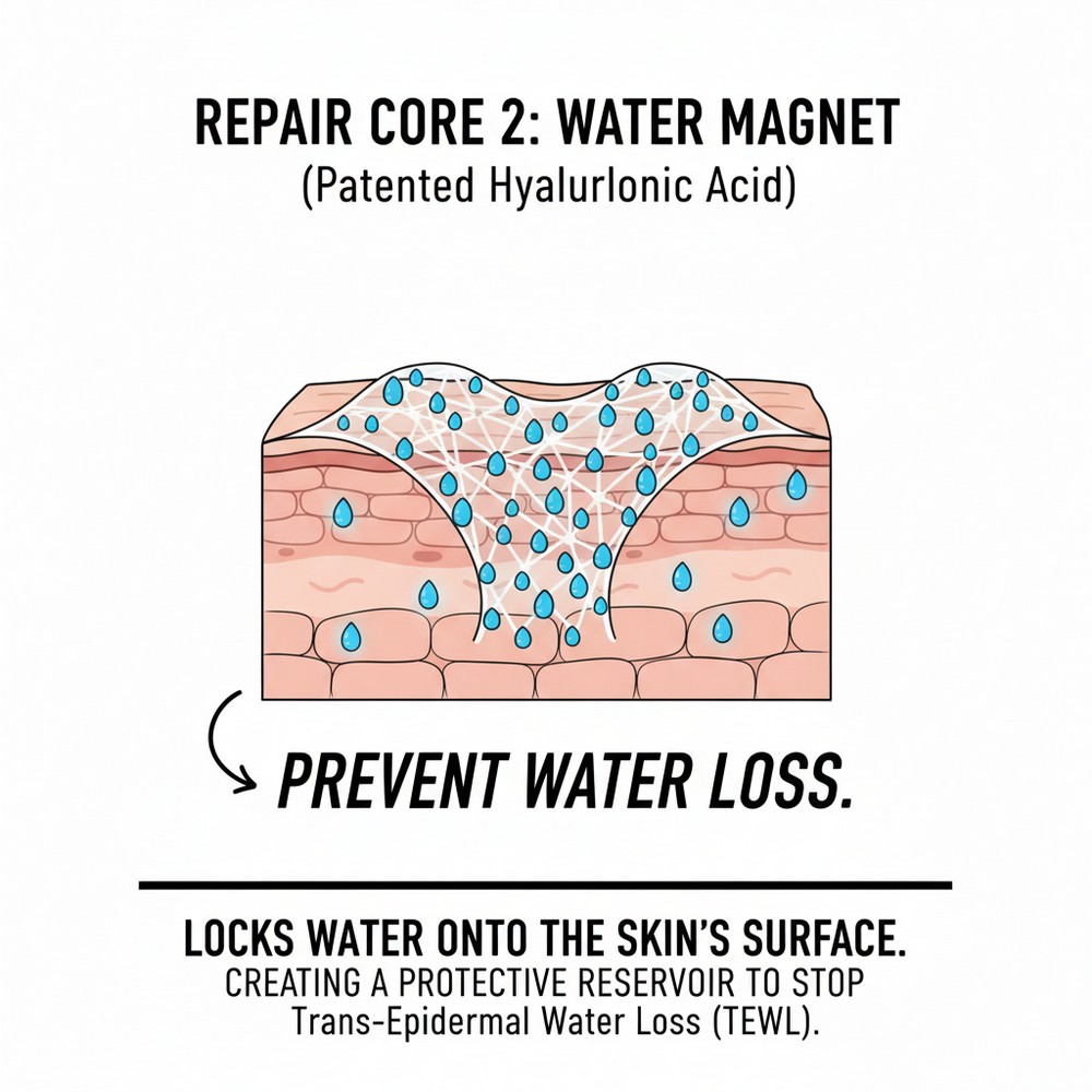 Patented hyaluronic acid water magnet preventing trans-epidermal water loss.
