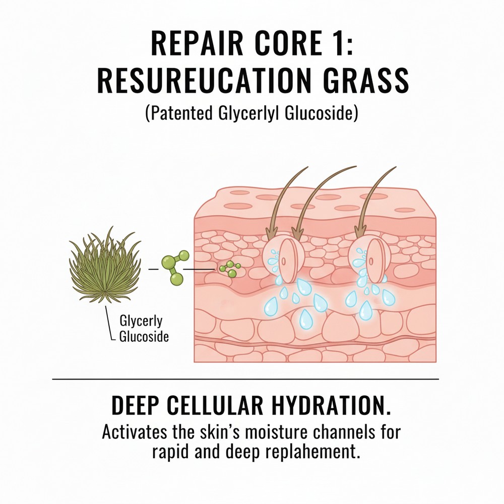 Patented glyceryl glucoside from resurrection grass for deep cellular hydration.
