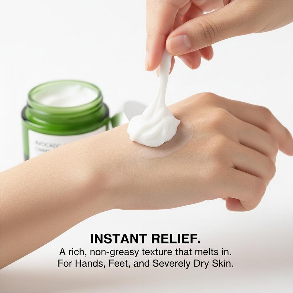 Rich non-greasy cream texture melting into hands and feet for instant relief.