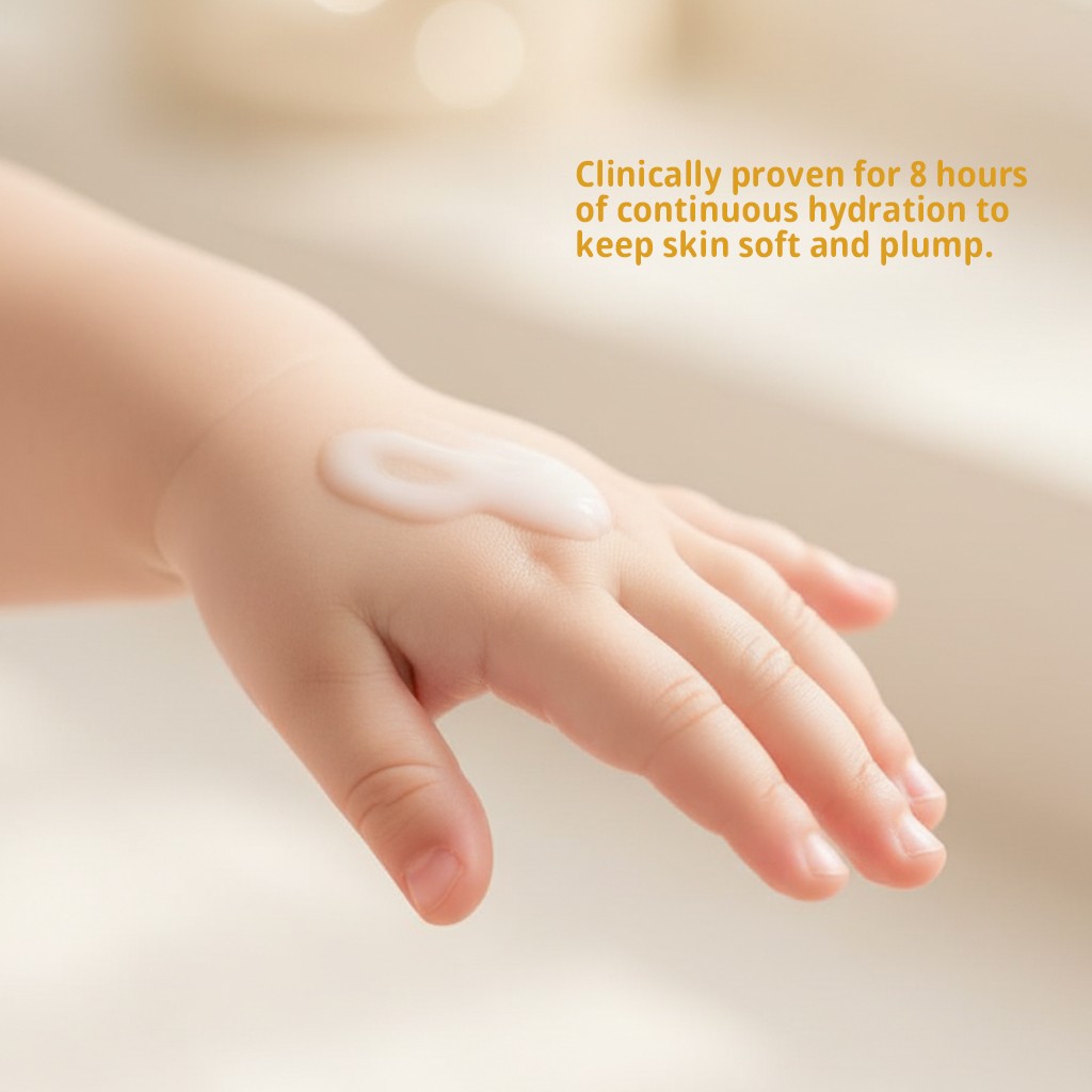 Clinically proven 8 hours of continuous hydration chart keeping baby skin soft and plump.
