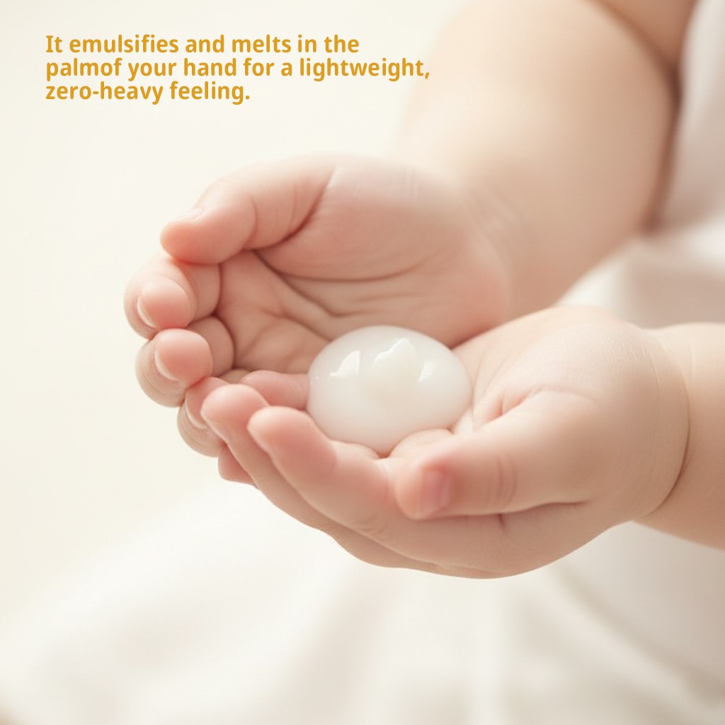 Lightweight cream milk texture melts in palm with zero heavy feeling for babies.
