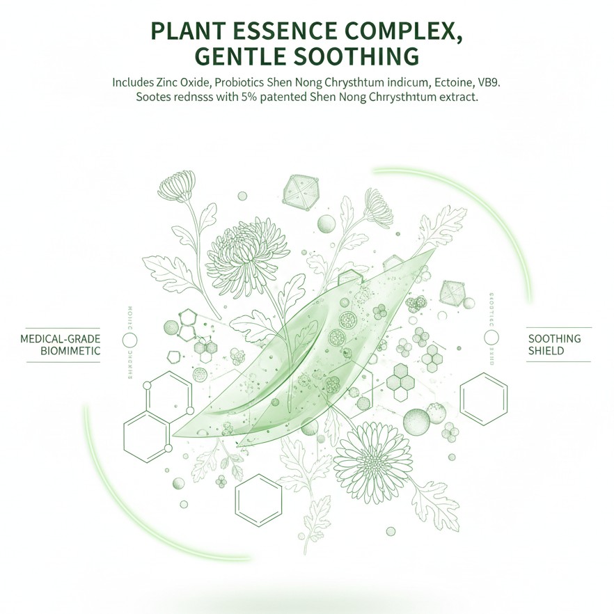 Plant essence soothing complex ingredients including Chrysanthemum and Ectoine for baby skincare.