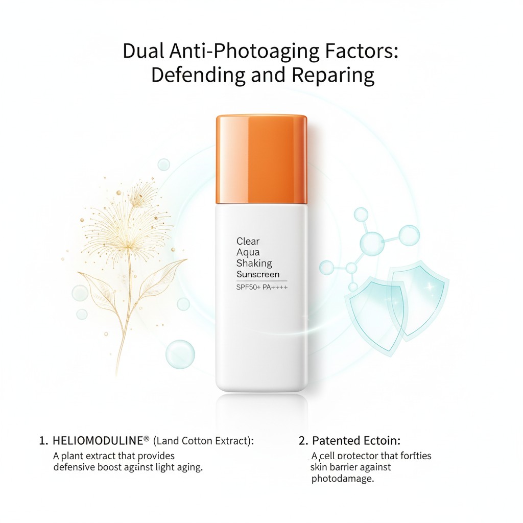 Anti-photoaging sunscreen ingredients diagram featuring Heliomoduline Cotton Extract and Ectoin