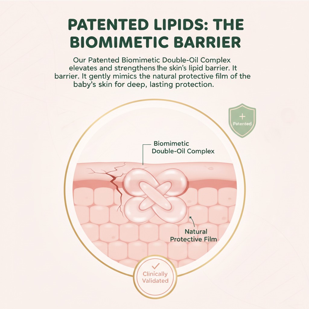 Patented biomimetic double-oil complex mimicking natural protective film of baby skin.