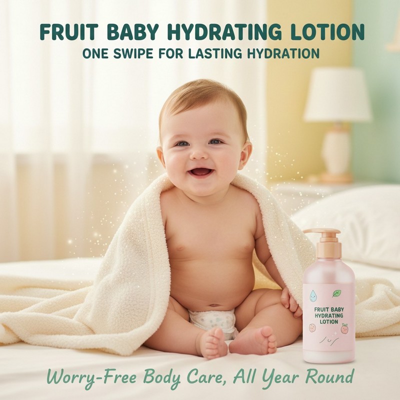 One swipe long-lasting hydration baby lotion concept for year-round body care.