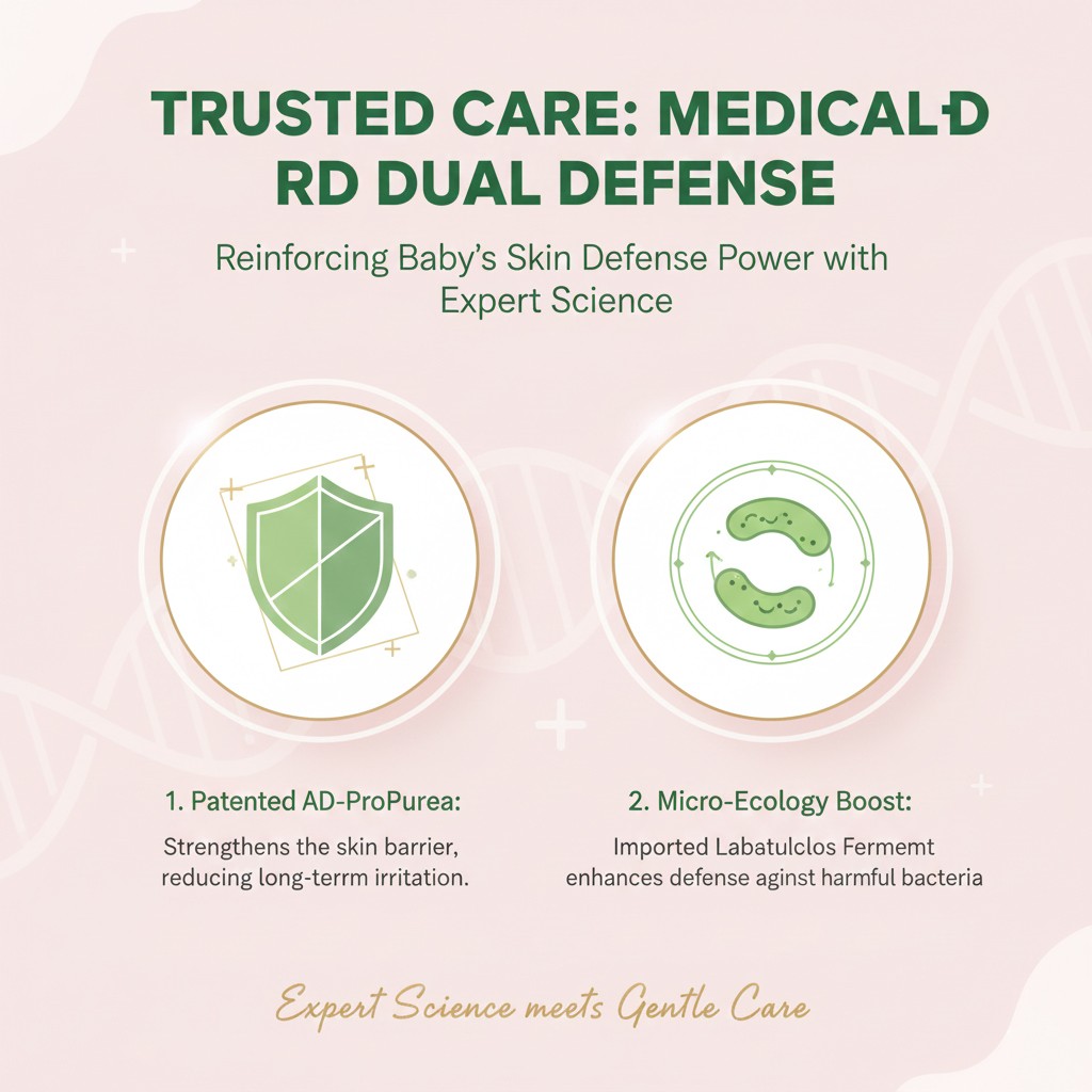 Medical-grade R&D dual defense system with patented AD-ProPurea for baby skin barrier.